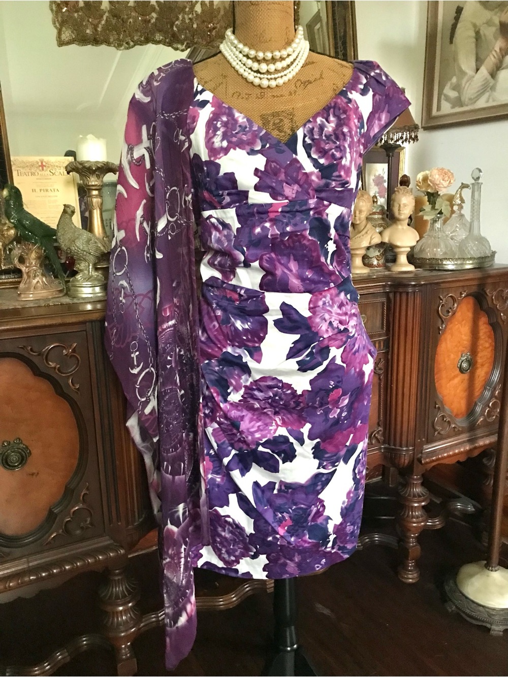 Vintage Sexy Purple Floral Stretch Pin-up 50's-60's Dress and Nautical Shawl Set